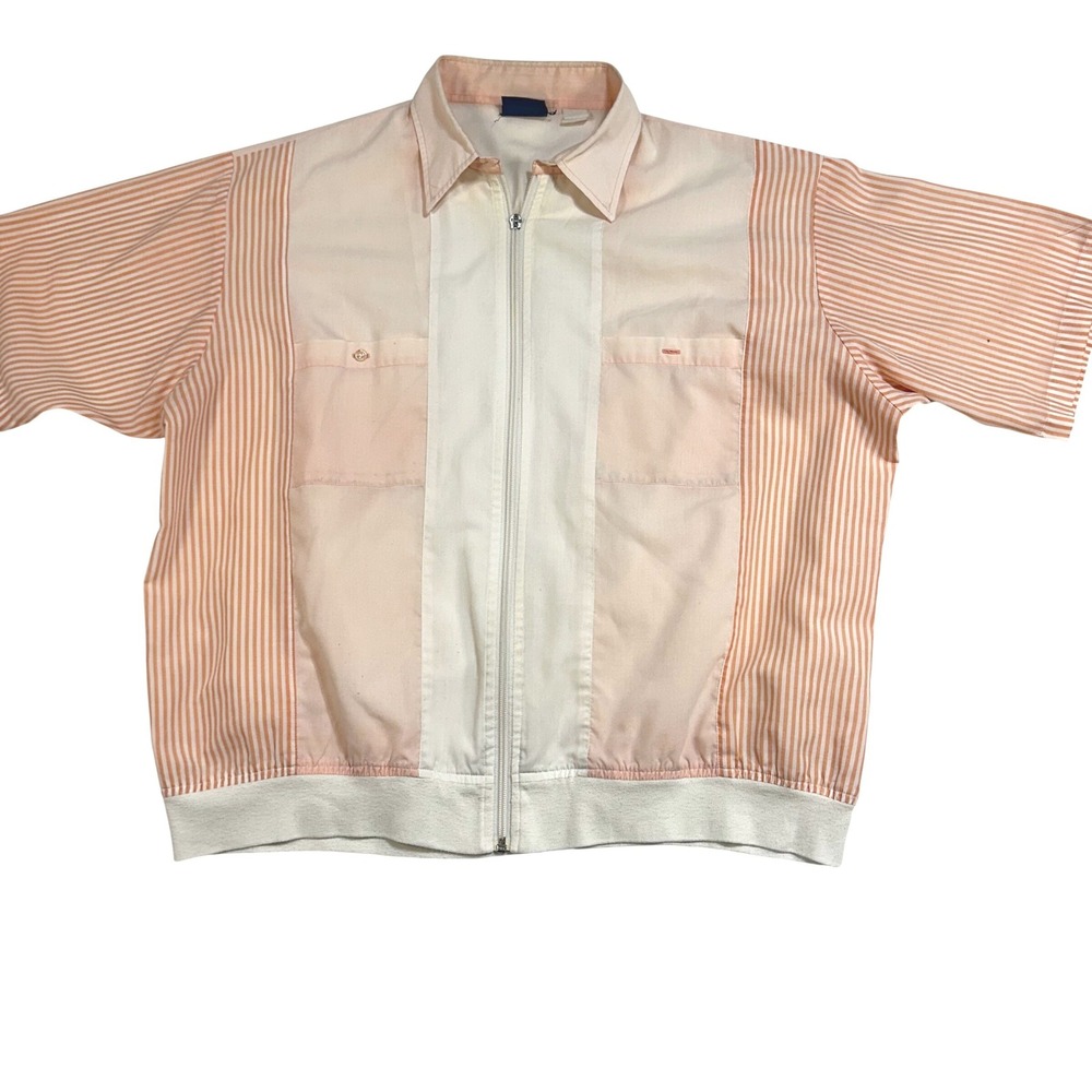 Vintage Tropi-Cool‎ Men Peach Striped Zip Up Short Sleeve Shirt Retro XL Grandpa